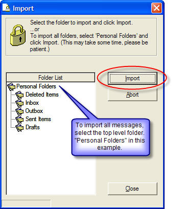 Import Outlook messages window