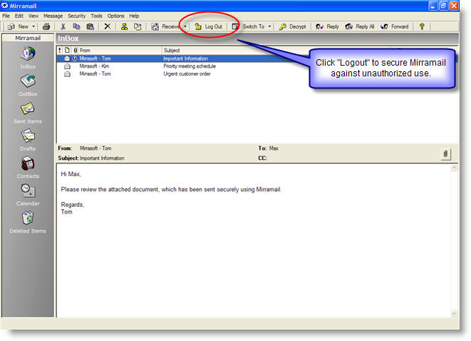 Logout to secure you email message store.