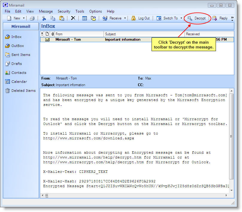 The text showing the encrypted email