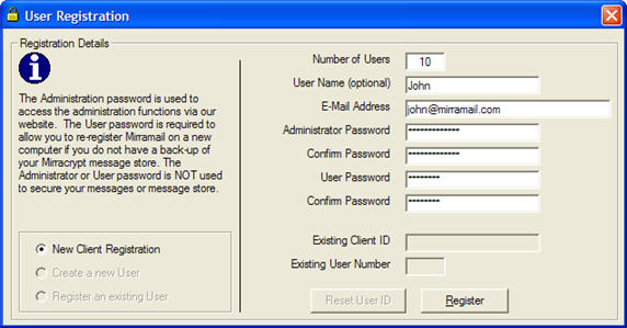 Enter details for Mirramail secure email solution.