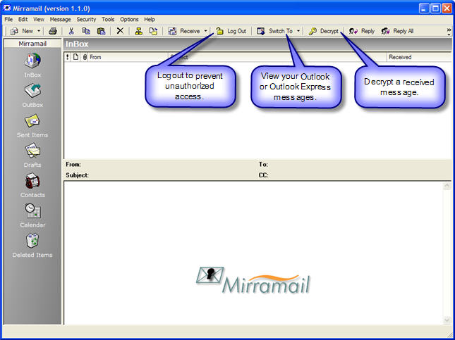 Mirramail secure email main window.
