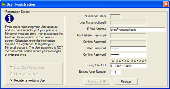 Enter details for Mirramail secure email solution.