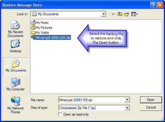 Select backup file of Mirracrypt secure message store.