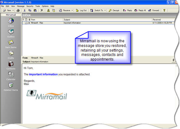Mirramail secure email main window.